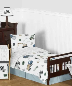 Construction Truck Collection Boy 5pc Toddler-size Comforter Set - Grey Yellow Black Blue and Green Transportation Chevron Arrow