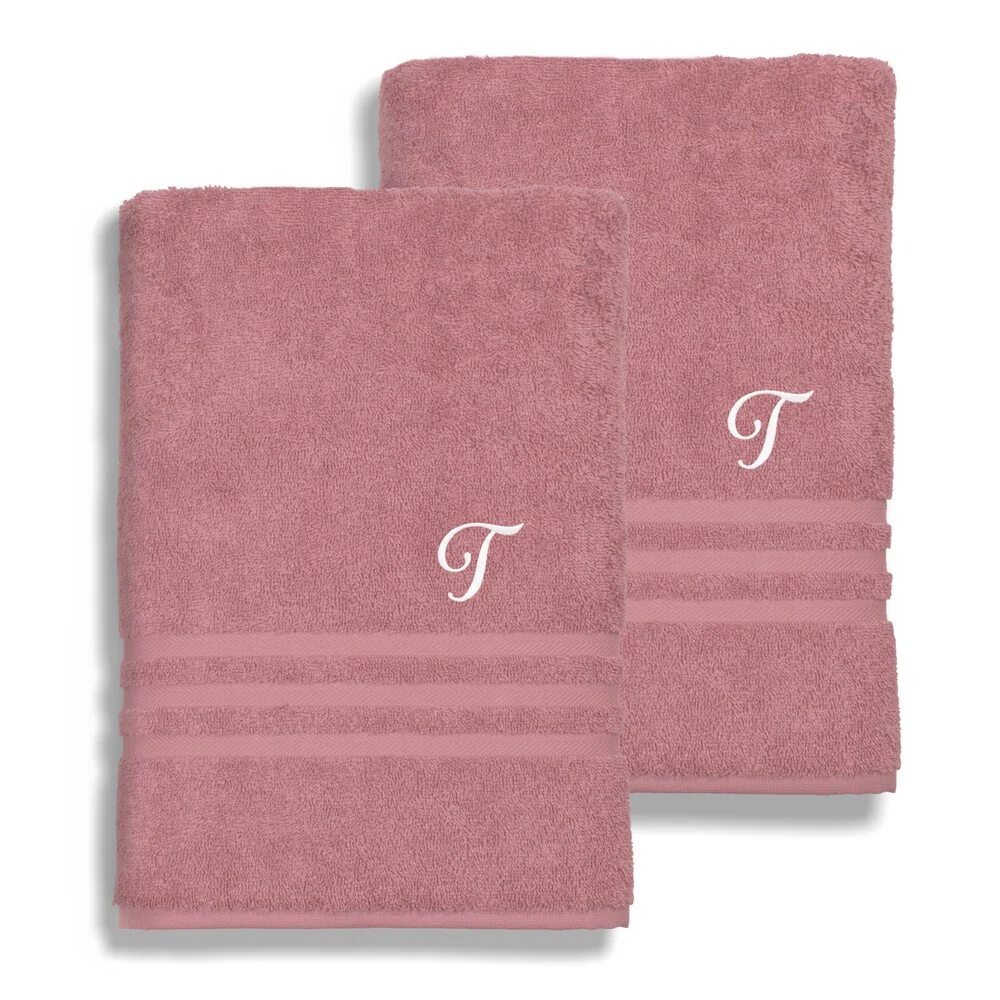 Authentic Hotel and Spa Omni Turkish Cotton Terry Set of 2 Tea Rose Bath Towels with White Script Monogrammed Initial