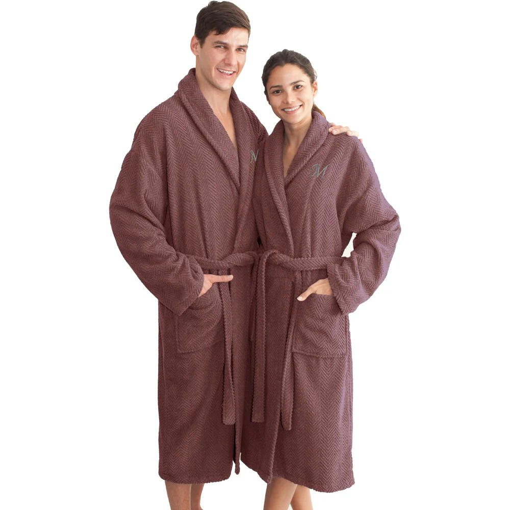 Authentic Hotel and Spa Plum Purple with Grey Monogrammed Herringbone Weave Turkish Cotton Unisex Bath Robe