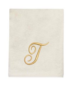 Avanti Linens Ivory/Gold Script Monogram Bath Towel Letter T - Bath Towel