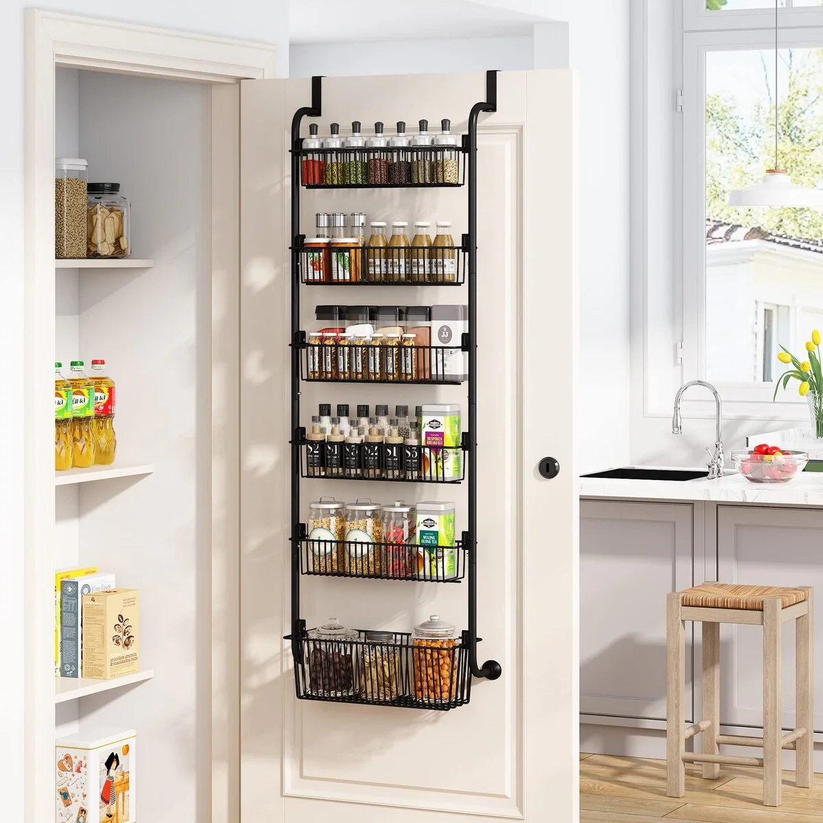 6-Tier Over the Door Pantry Organizer,Metal Pantry Organization and Storage with 6 Baskets,Heavy-Duty Back of Door Spice Rack