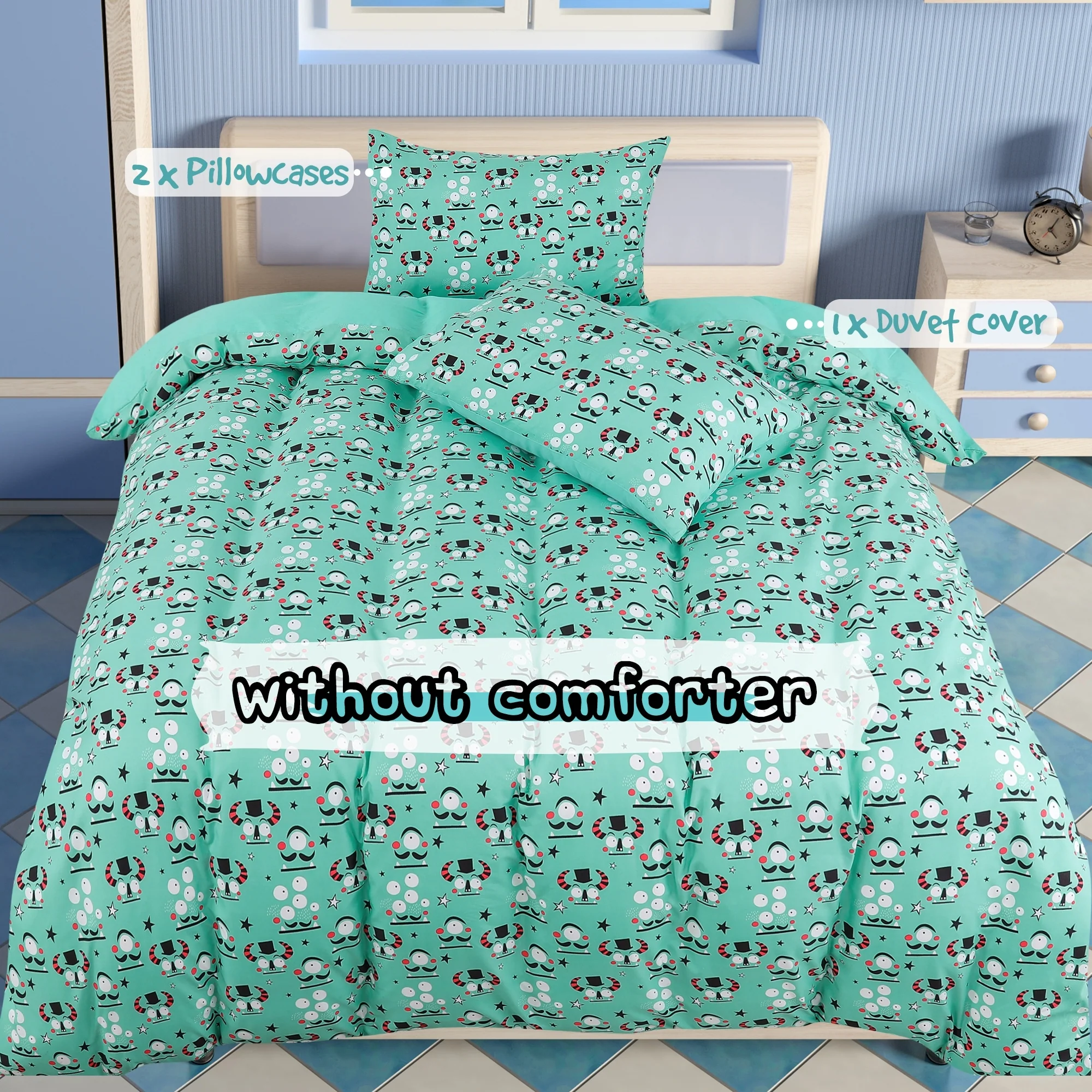3 Piece Polyester Kids Duvet Cover Set Alien Pattern