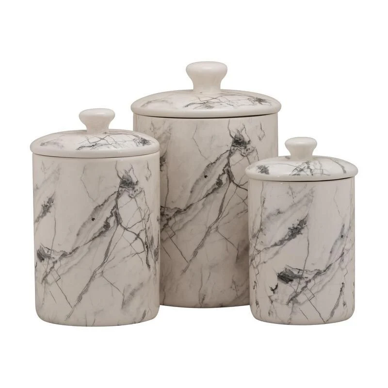 10 Strawberry Street Marble 3 Piece Canister Set, White/Black