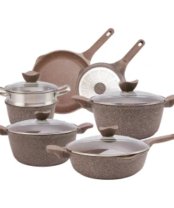 Country Kitchen Non-Stick Cast Aluminum Cookware Set - Durable Kitchen Cookware for Everyday Cooking, Chocolate Brown, 11 Pc