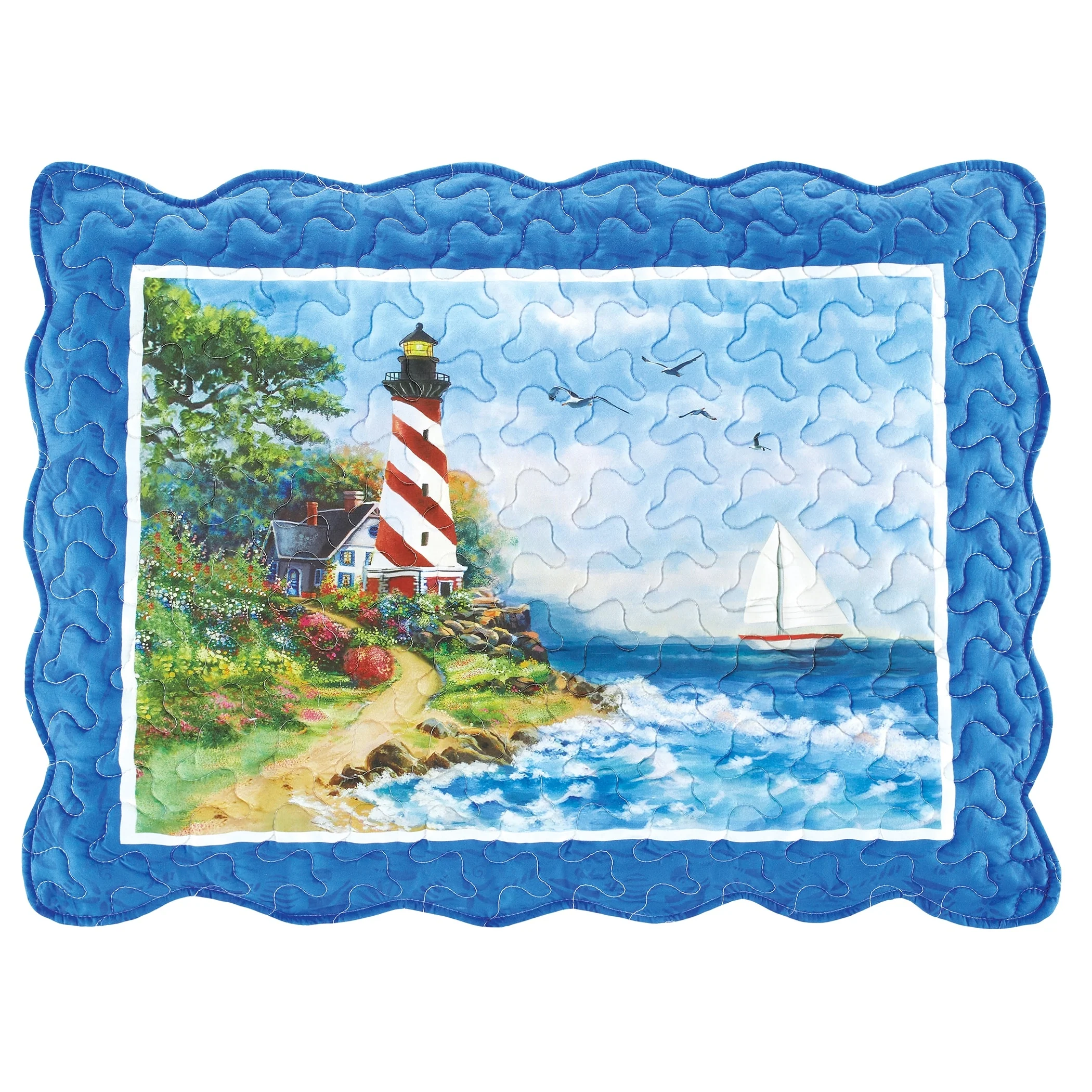 Lighthouse Scene Coastal Scalloped Edge Pillow Sham Set