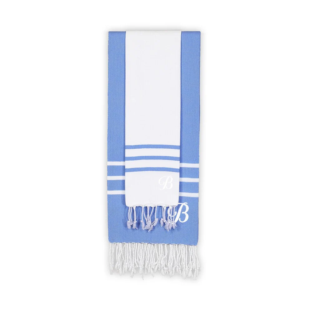 Authentic Ella White and Royal Blue Monogrammed Pestemal Fouta Turkish Cotton Beach and Head Towel Set