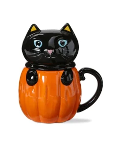 Hello Pumpkin Cute Kitty Lidded Mug - Orange