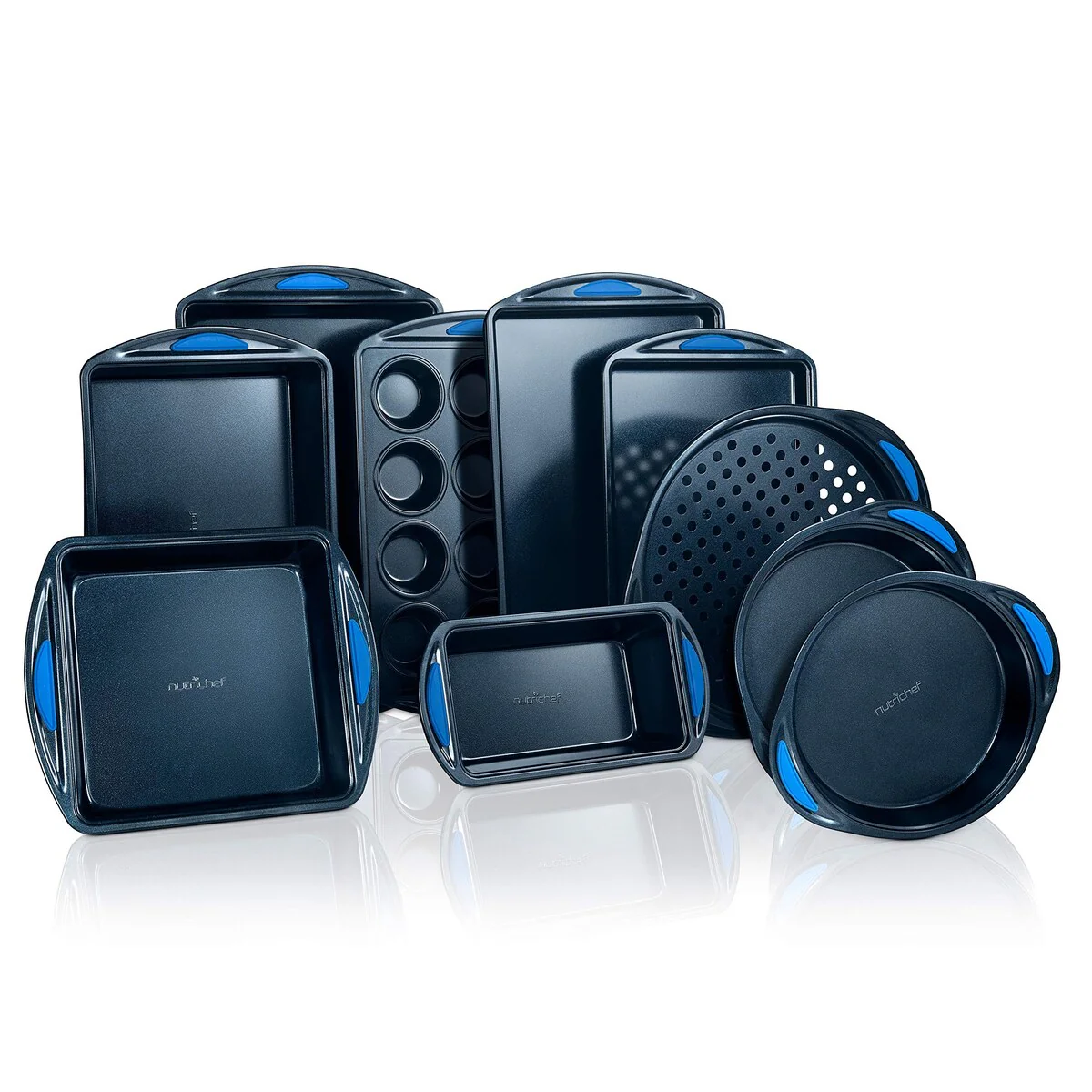 10-Piece Nonstick Baking Pans Set - Premium Carbon Steel Bakeware Set w/Blue Silicone Handles - Includes Cookie Sheets