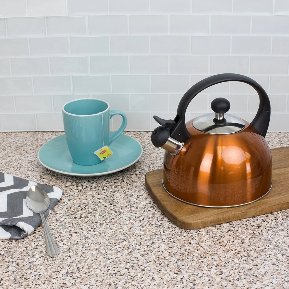 2.5 Liter Safe Pour Brushed Stainless Steel Whistling Tea Kettle, Copper