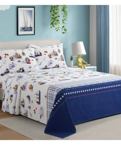 Kids Boys Printed 600 Thread Count Soft Deep Pocket Cotton Blend Percale All Season Bedding Sheet Set, Nautical Sailing Boat