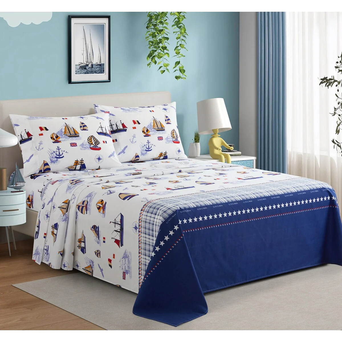 Kids Boys Printed 600 Thread Count Soft Deep Pocket Cotton Blend Percale All Season Bedding Sheet Set, Nautical Sailing Boat