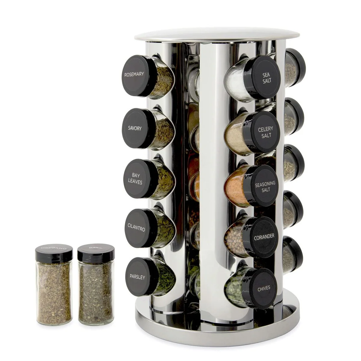 20 Jar Revolving Countertop Spice Rack with Spices Included, FREE Spice Refills for 5 Years, Polished Stainless Steel