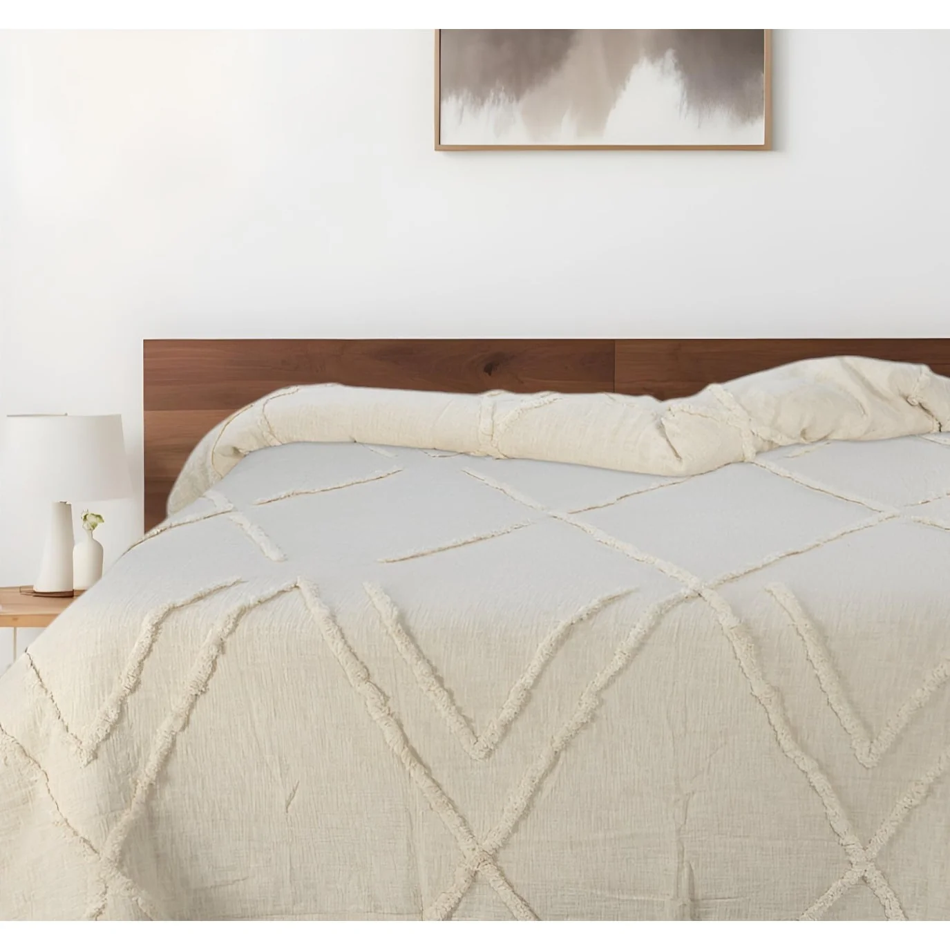Ivory Geometric Queen Cotton Coverlet