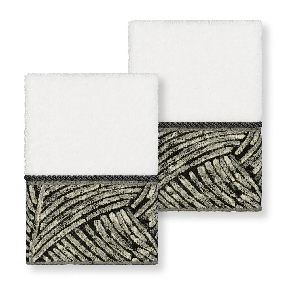 Authentic Hotel and Spa Turkish Cotton Fern Jacquard Trim White 2-piece Washcloth Set