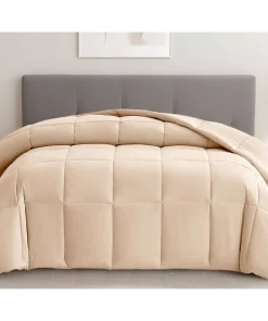 Beige King Box Stitch Microfiber Down Alternative Comforter