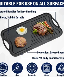 20" Preseasoned Cast Iron Reversible Griddle Plate Pan - 20 Inch