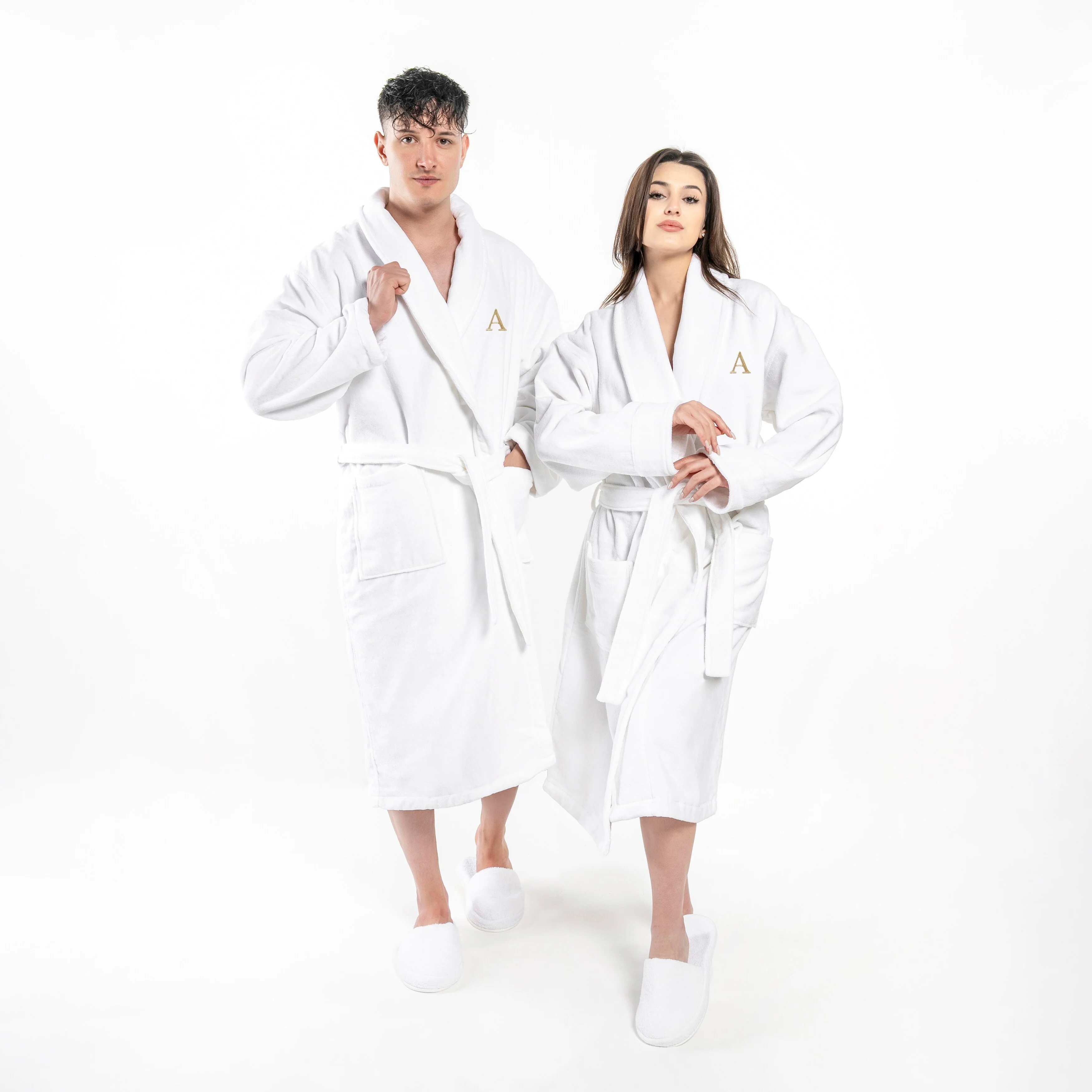 Authentic Hotel and Spa 100% Turkish Cotton Personalized Unisex Anovia Velour Bathrobe - Gold Block Font