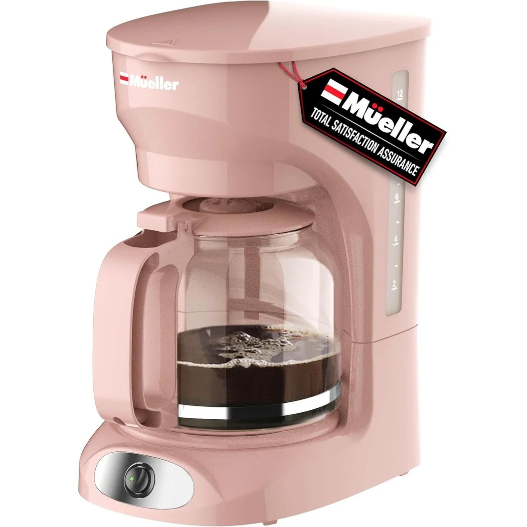 12-Cup Pink Coffee Maker, Borosilicate Carafe, Auto-Off, Reusable Filter, Keep-Warm Functionality