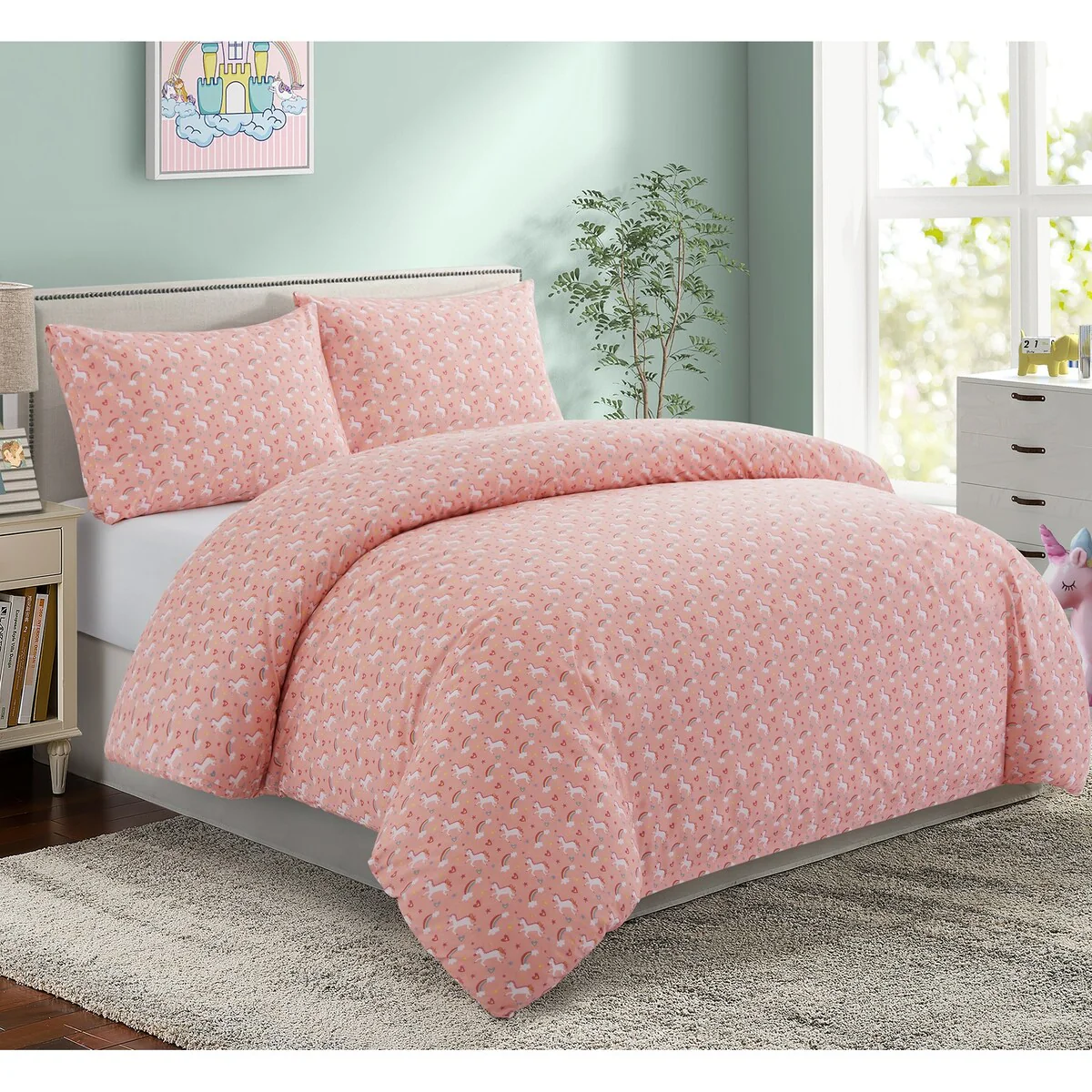 Kids Girls Printed 600 Thread Count Cotton Blend Percale Duvet Cover Fitted Sheet Ensemble Bedding Set, Pink Unicorn Rainbow
