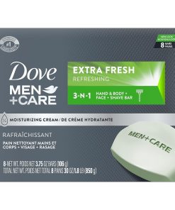 DOVE MEN + CARE 3 in 1 Bar Cleanser for Body, Face, and Shaving Extra Fresh Body and Facial Cleanser More Moisturizing Than Bar Soap to Clean and Hydrate Skin 3.75 Ounce (Pack of 8)