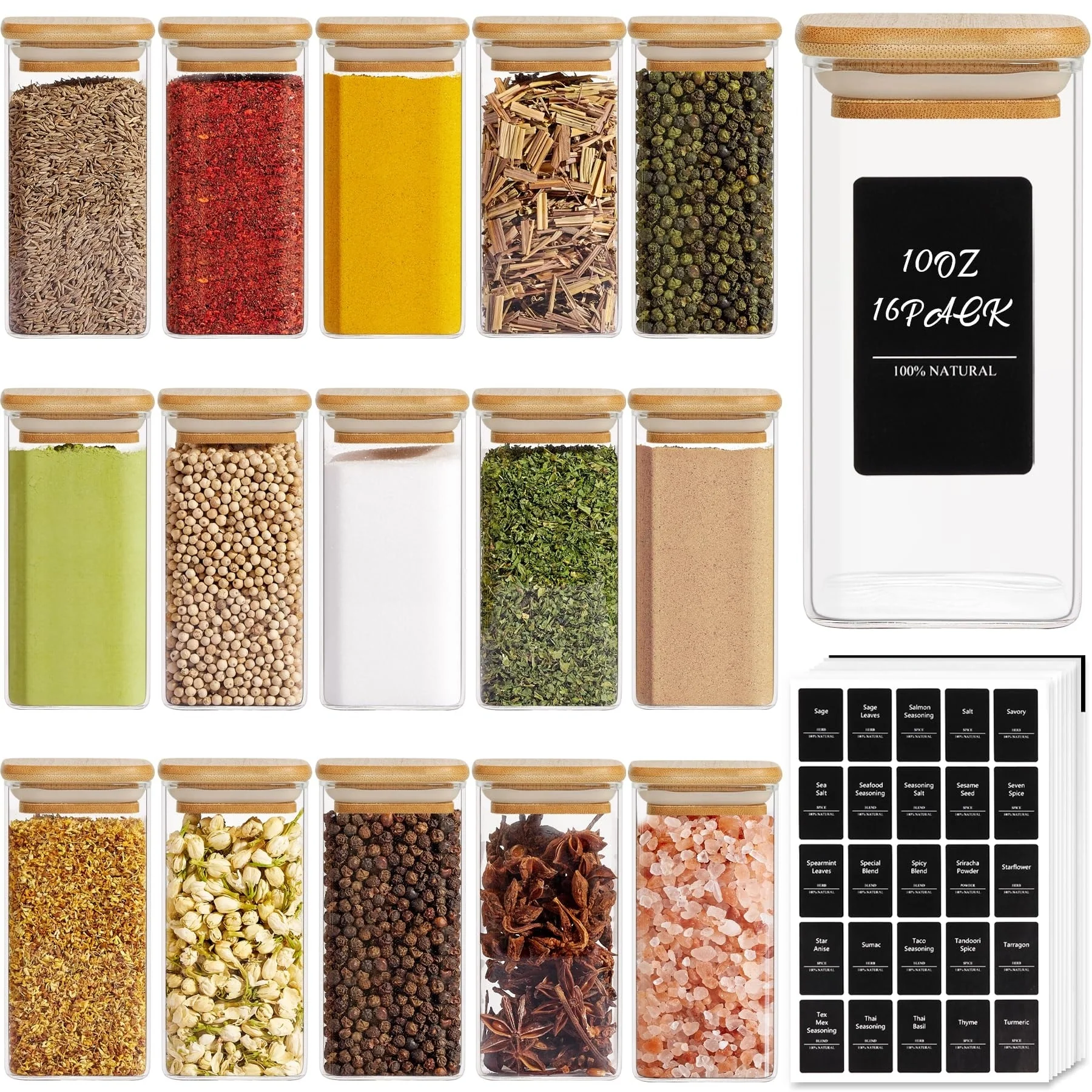 16Pcs Glass Spice Jars with Bamboo Lid, 10oz Airtight Square Containers with 275 Black Lables, Empty Seasoning Jars