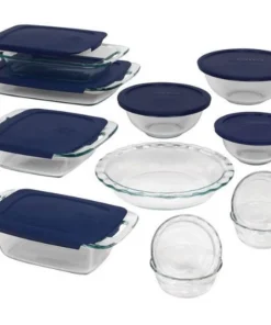 Daily Boutik 19-Piece Glass Cookware Bakeware Set with Blue Lids - 12" x 18" x 12"
