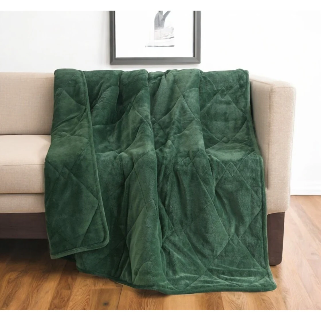 HomeRoots 48" X 72" Green Velvet Quilted Plush 12 Pound Weighted Throw Blanket
