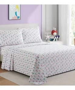 Kids Girls Printed 600 Thread Count Soft Deep Pocket Cotton Blend Percale All Season Bedding Sheet Set, Cartoon Mermaid