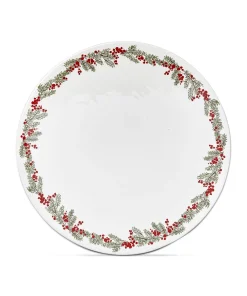 Farmhouse Christmas White with Red Holly Stoneware Pedestal Cake Plate 14.0"