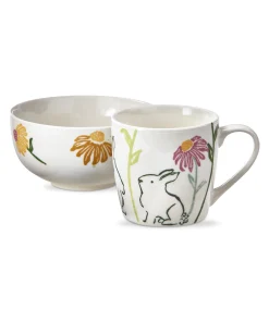 Easter Bunny with Pink and Orange Floral Print Bone China Mug & Bowl Set - Multicolor