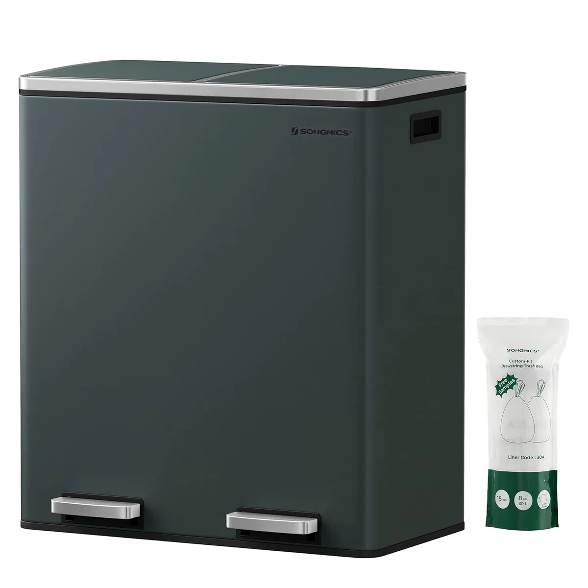 2 x 8-Gallon Garbage Can for Kitchen, with 15 Trash Bags, 2 Compartments, Plastic Inner Buckets and Hinged Lids