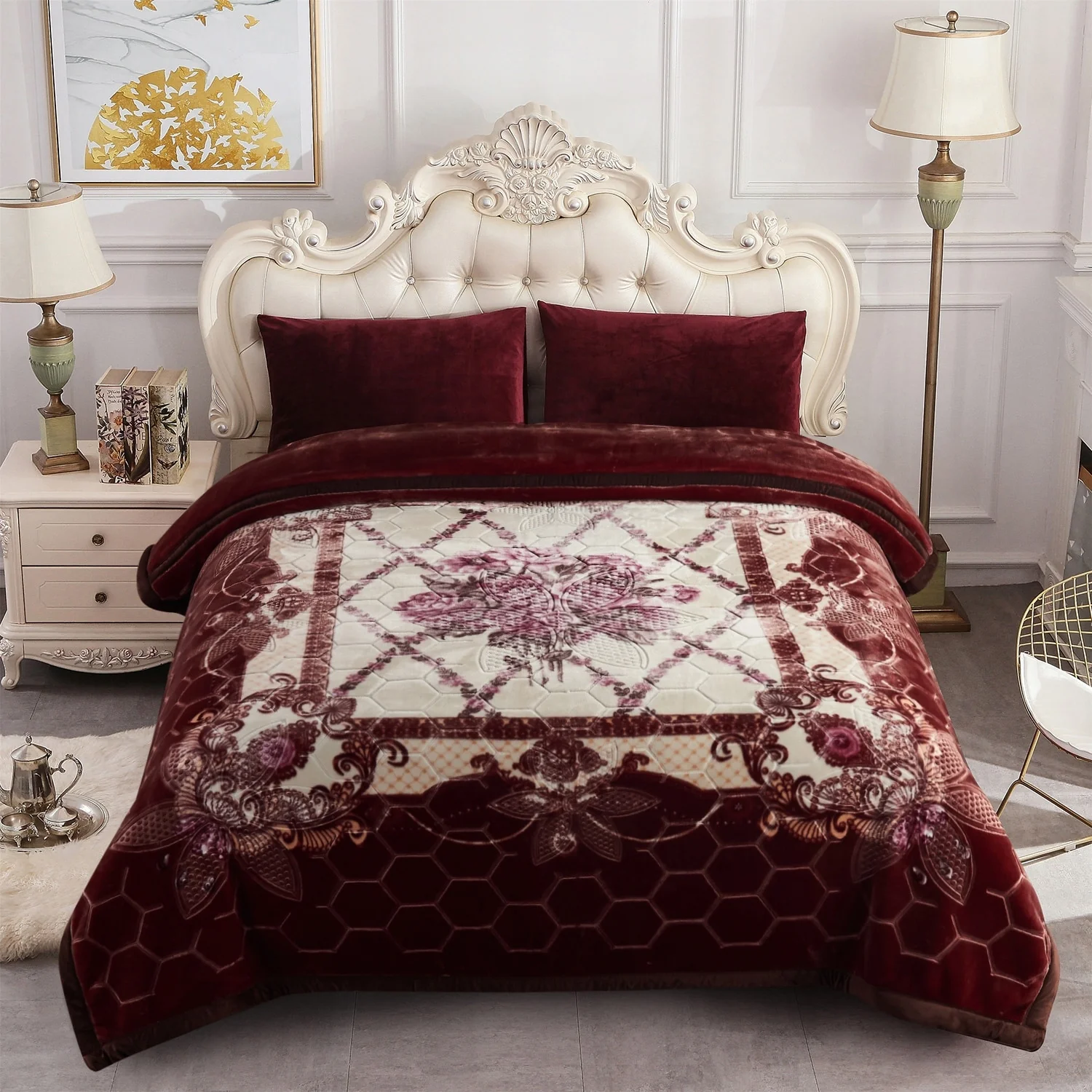 2 Ply A&B Printed Raschel Bed Blanket 85" x 95"-10 Pounds