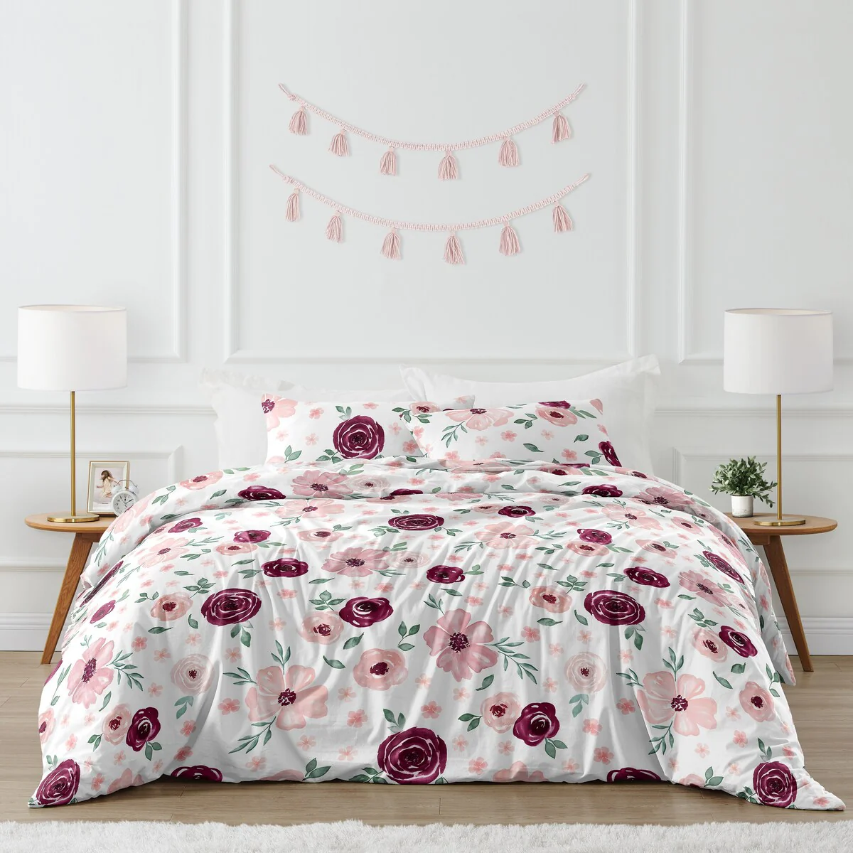 Burgundy Pink Watercolor Floral Girl 3pc Full Queen Comforter Set - Blush Maroon Wine Rose Green Shabby Chic Flower Farmhouse