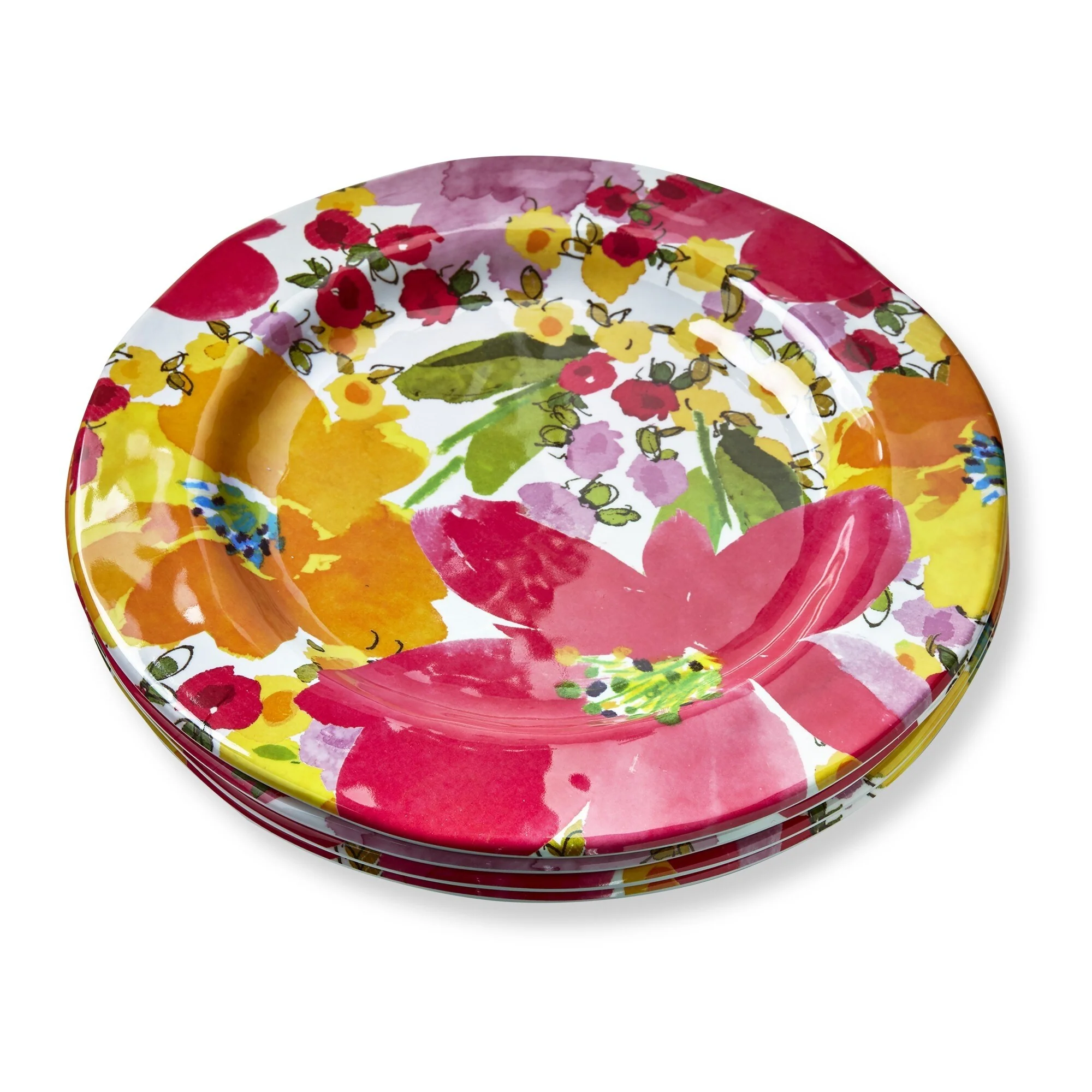 11 in. Springtime Bright Flower Melamine Plastic Dinnerware Plates Set of 4 Dishwasher Safe Round - Multicolor