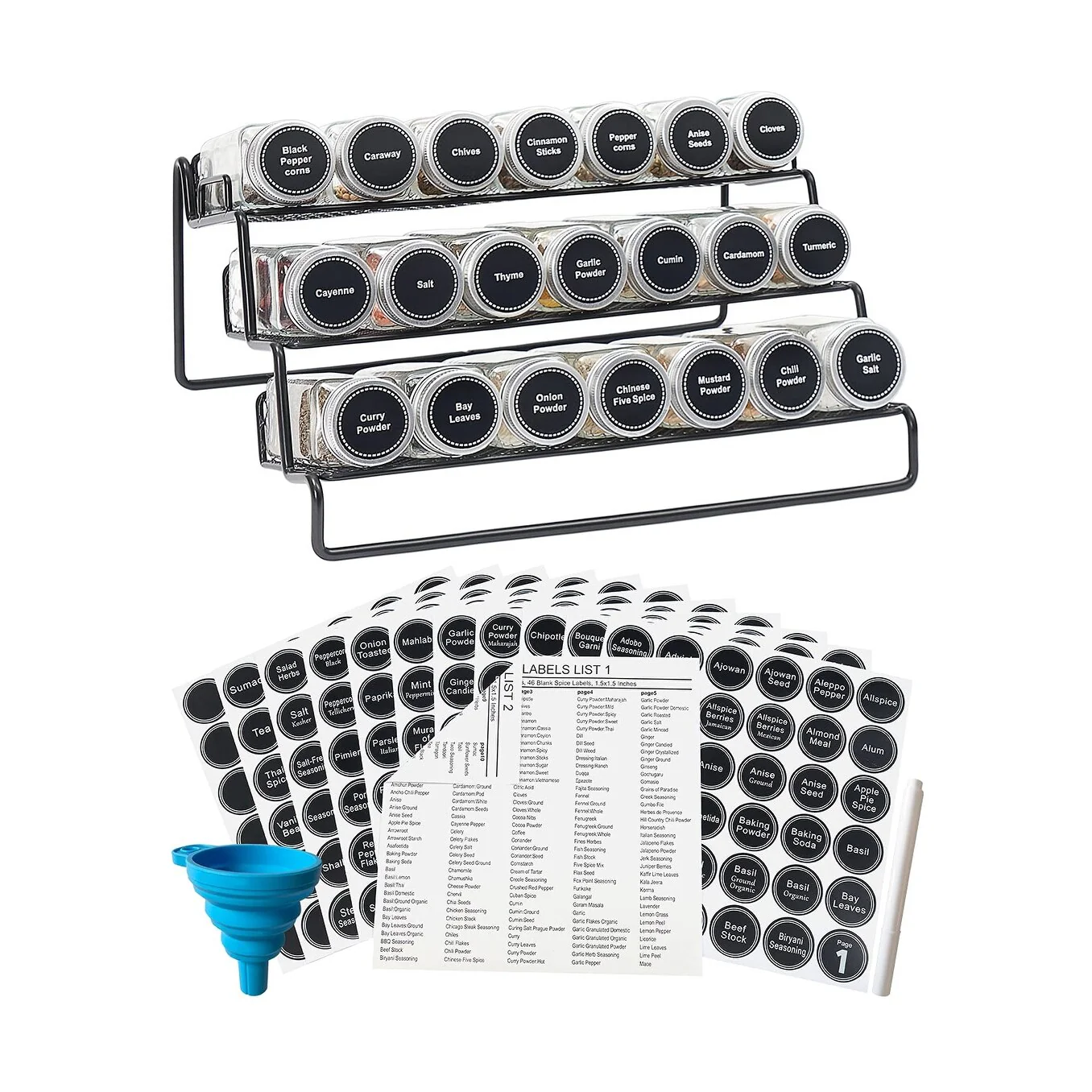 3 Tier Cabinet Spice Rack Organizer with 21 Empty Glass Spice Jars (4oz), 386 Spice Labels, Chalk Marker and Funnel