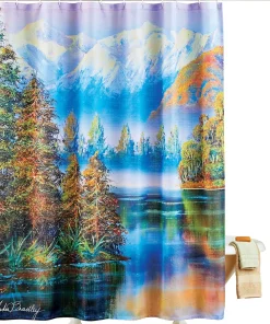 John Bradley Snow-Covered Mountains & Woodland Lake Shower Curtain