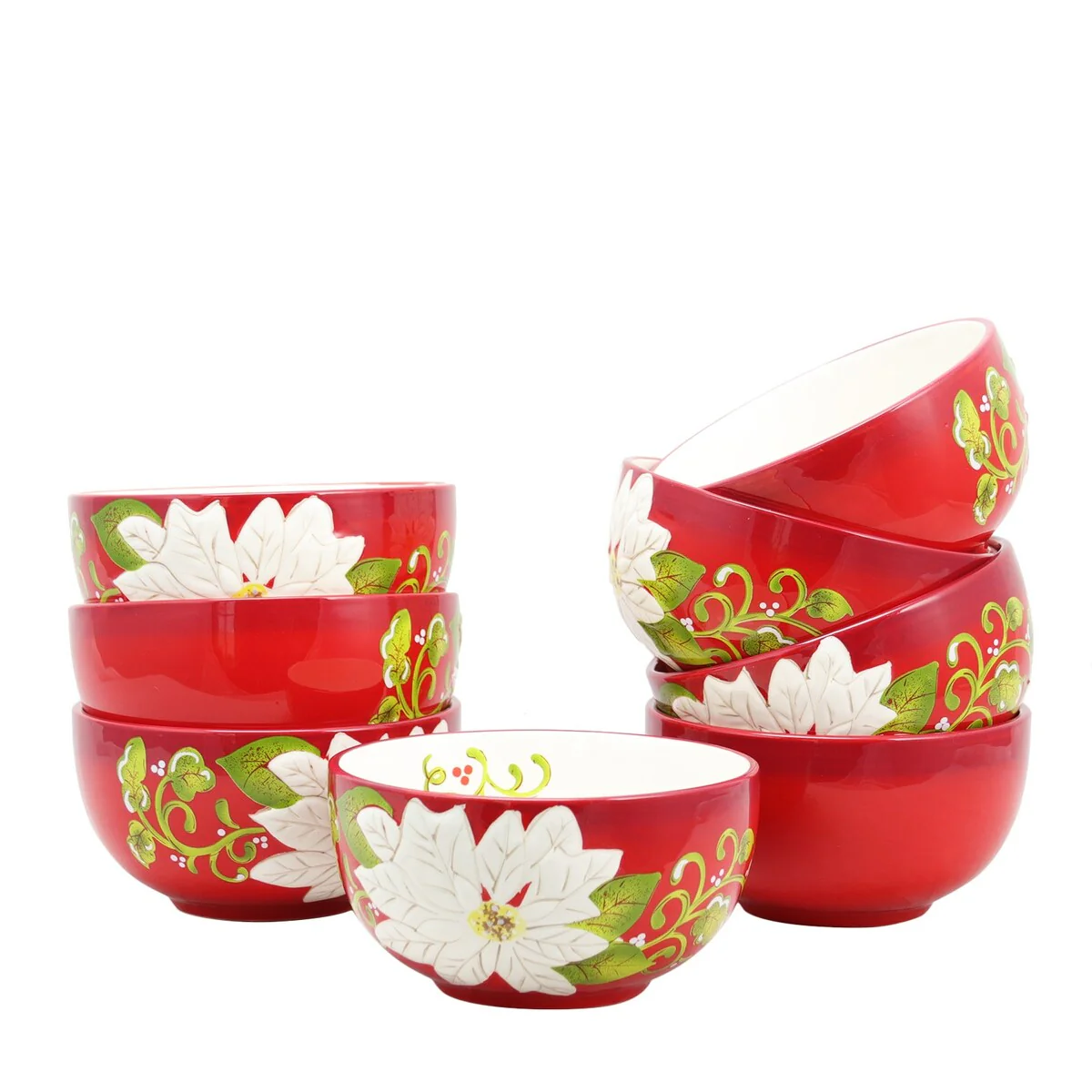 Laurie Gates Pleasant Poinsettia 8 Piece 5.5 inch Bowl Set