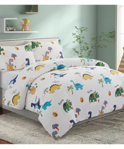 Kids Boys Printed 600 Thread Count Cotton Blend Percale Duvet Cover Fitted Sheet Ensemble Bedding Set, Dinosaur Zoo Dino