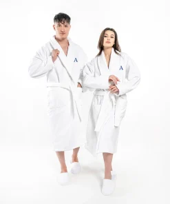 Authentic Hotel and Spa 100% Turkish Cotton Personalized Unisex Anovia Velour Bathrobe - Navy Block Font