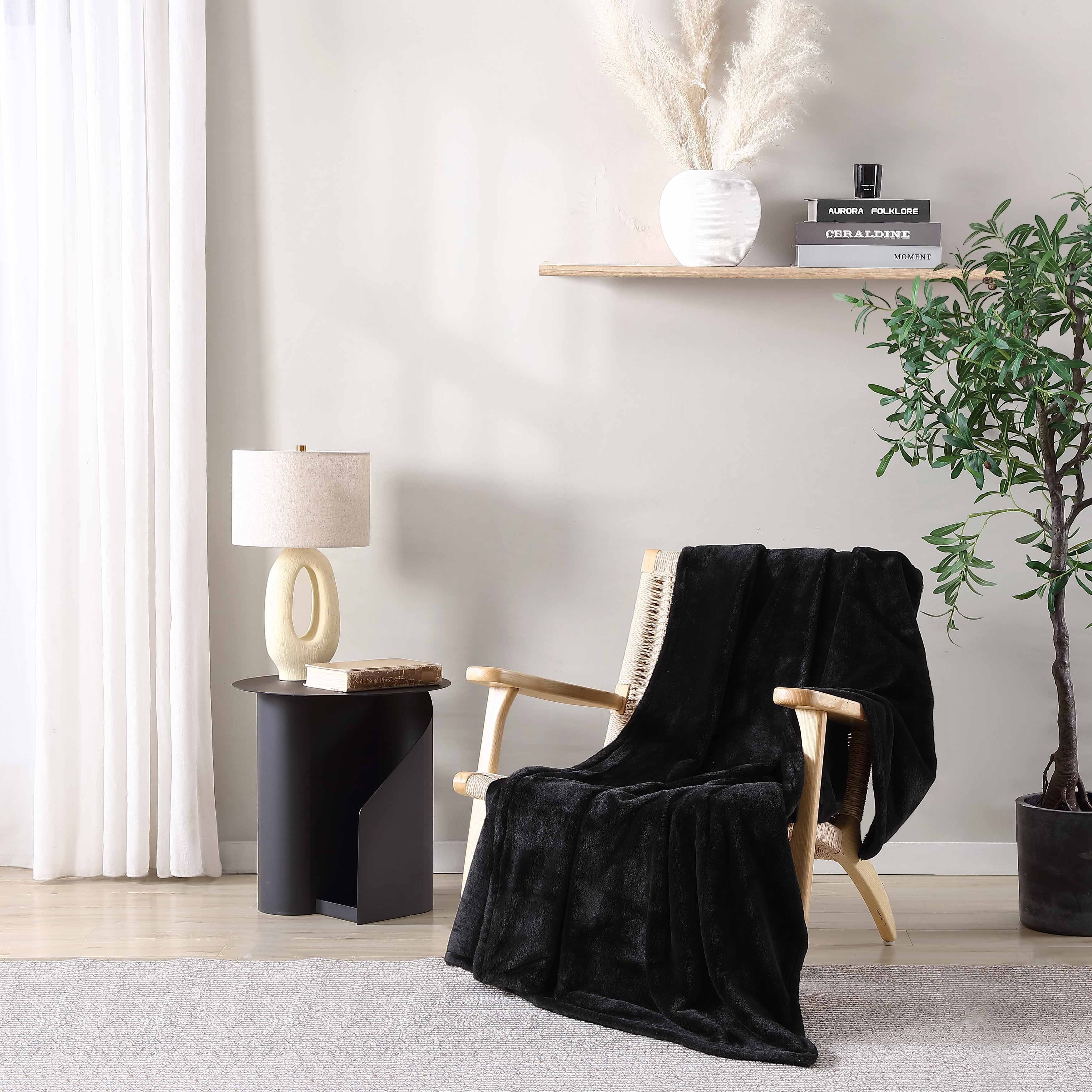 City Scene Faux Fur Solid Black Throw Blanket