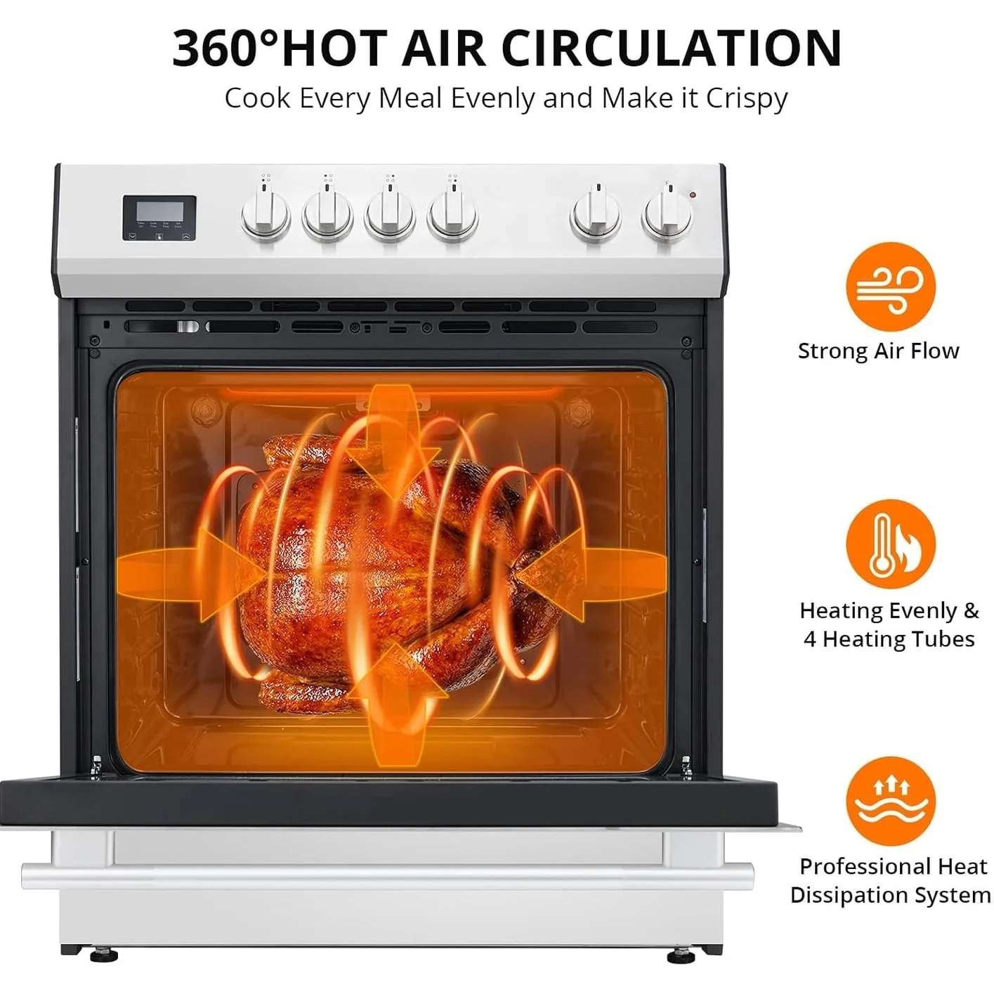 30" Freestanding Electric Range – 4 Burners, 5.0 Cu.Ft Convection Oven & Air Fryer, Stainless Steel