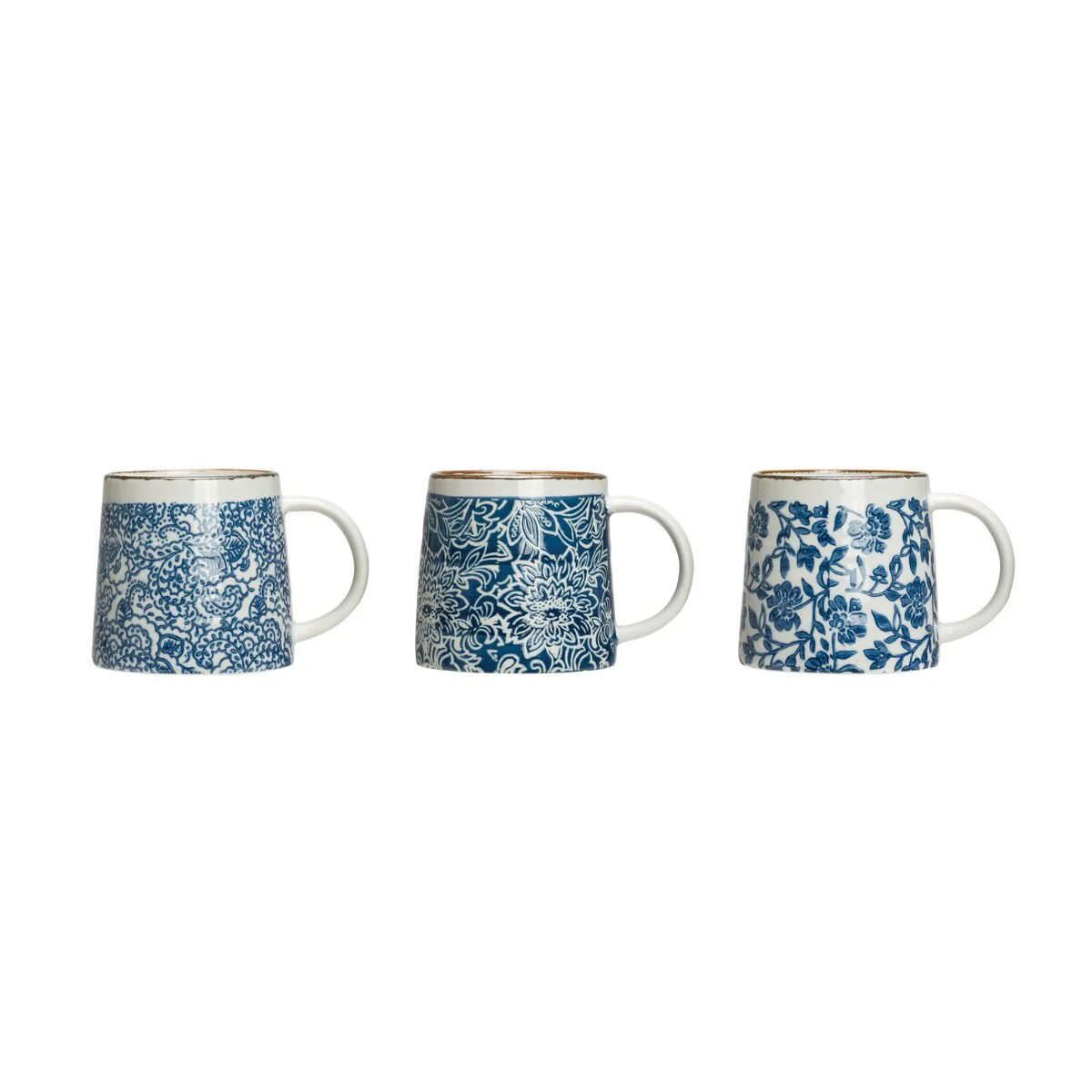 Blue & White Hand-Stamped Stoneware Mug with Gold Rim (Set of 3 Patterns)