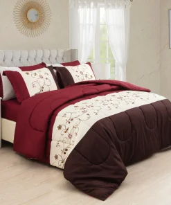 Bed in a Bag Soft Fluffy Goose Down Alternative Printed Comforter Set Includes Sheet Set, Modern Burgundy Cosmos Floral Pattern
