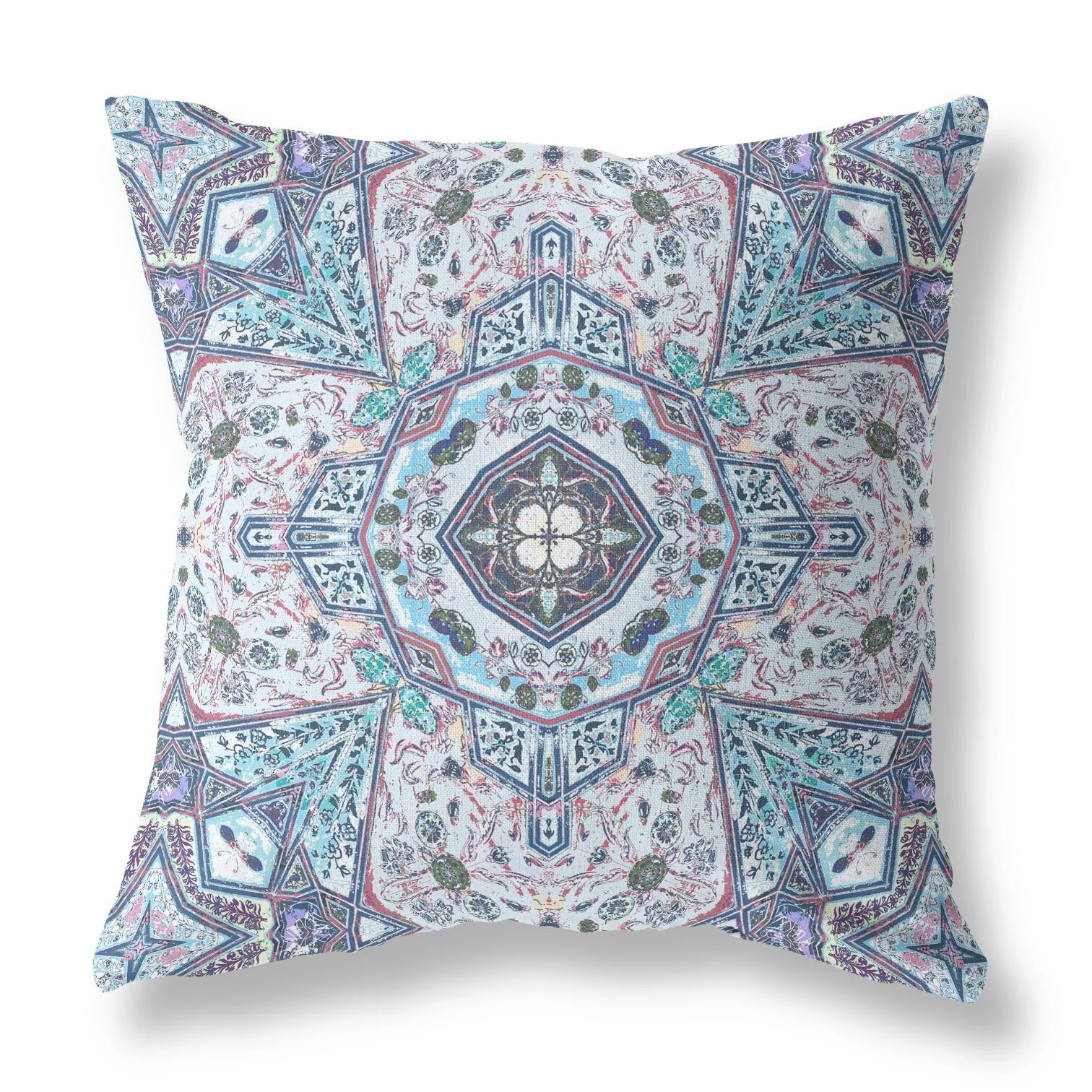 18" Blue Gray Floral Boho Indoor Outdoor Throw Pillow - Grey