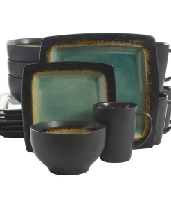 Gibson Elite Ocean Paradise 16Pc Square Glazed Dinnerware Kitchen Dish Set, Jade