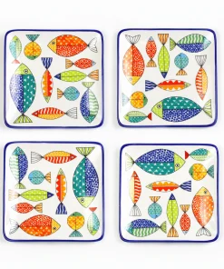Euro Ceramica FreshCatch 4 Piece Square Canape Plates Set - 7.28 in. x 7.28 in. x 0.87 in.