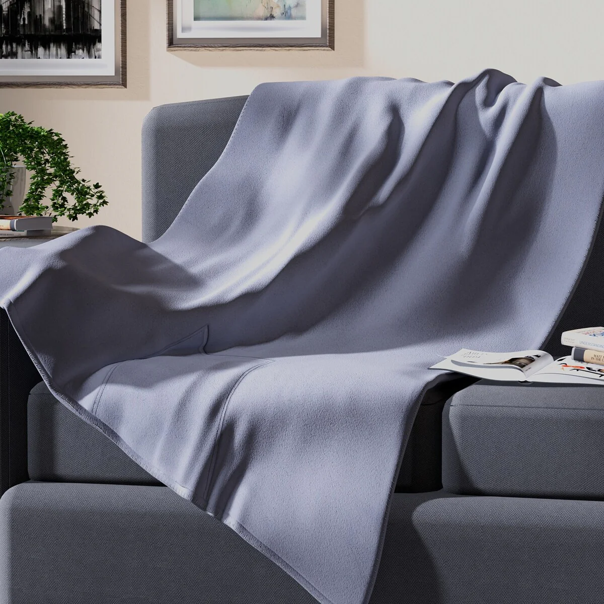 HOMESMART Home Room Decor 2 in 1 Gray Solid Fleece Travel Breathable Bed Blanket Folded Storage Pocket Comforter 67 X 51"