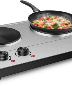 CUSIMAX 1800W Ceramic Electric Hot Plate for Cooking, Dual Control Infrared Cooktop, Double Burner, Portable Countertop Burner, Glass Plate Electric Cooktop, Silver, Stainless Steel-Upgraded Version