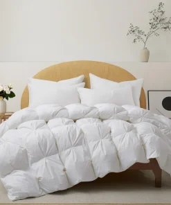 All Season White Goose Feather Down Gusseted Pintuck Pleat Comforter 100% Cotton Cover