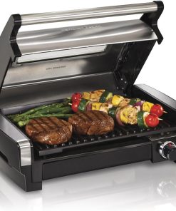 Hamilton Beach Electric Indoor Searing Grill with Viewing Window & Adjustable Temperature Control to 450F, 118 sq. in. Surface Serves 6, Removable Nonstick Grate, Stainless Steel